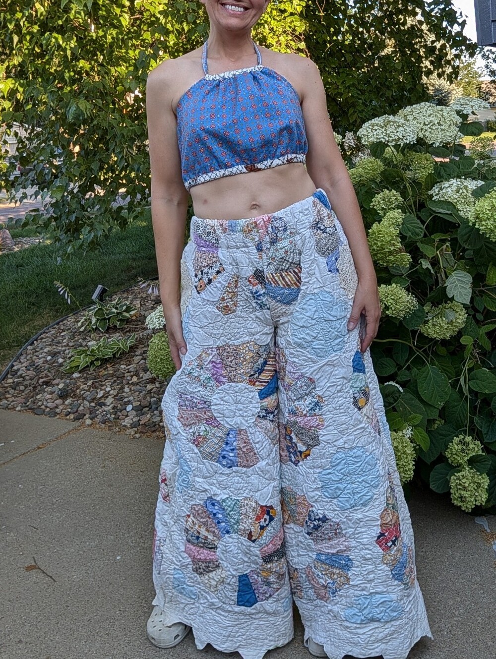 WIDE LEG QUILT PANTS vintage patchwork feedsack M - Picture 5 of 16